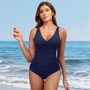 Holipick Women Navy One Piece Swimsuit Tummy Control V Neck Slimming L NWT